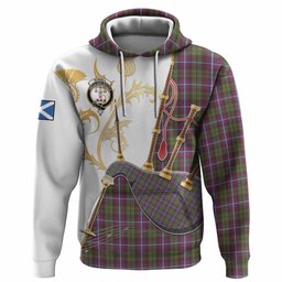 Russell Tartan Family Crest Hoodie Bagpipes with Scottish Thistle