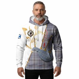 Tweedie Tartan Family Crest Hoodie Bagpipes with Scottish Thistle