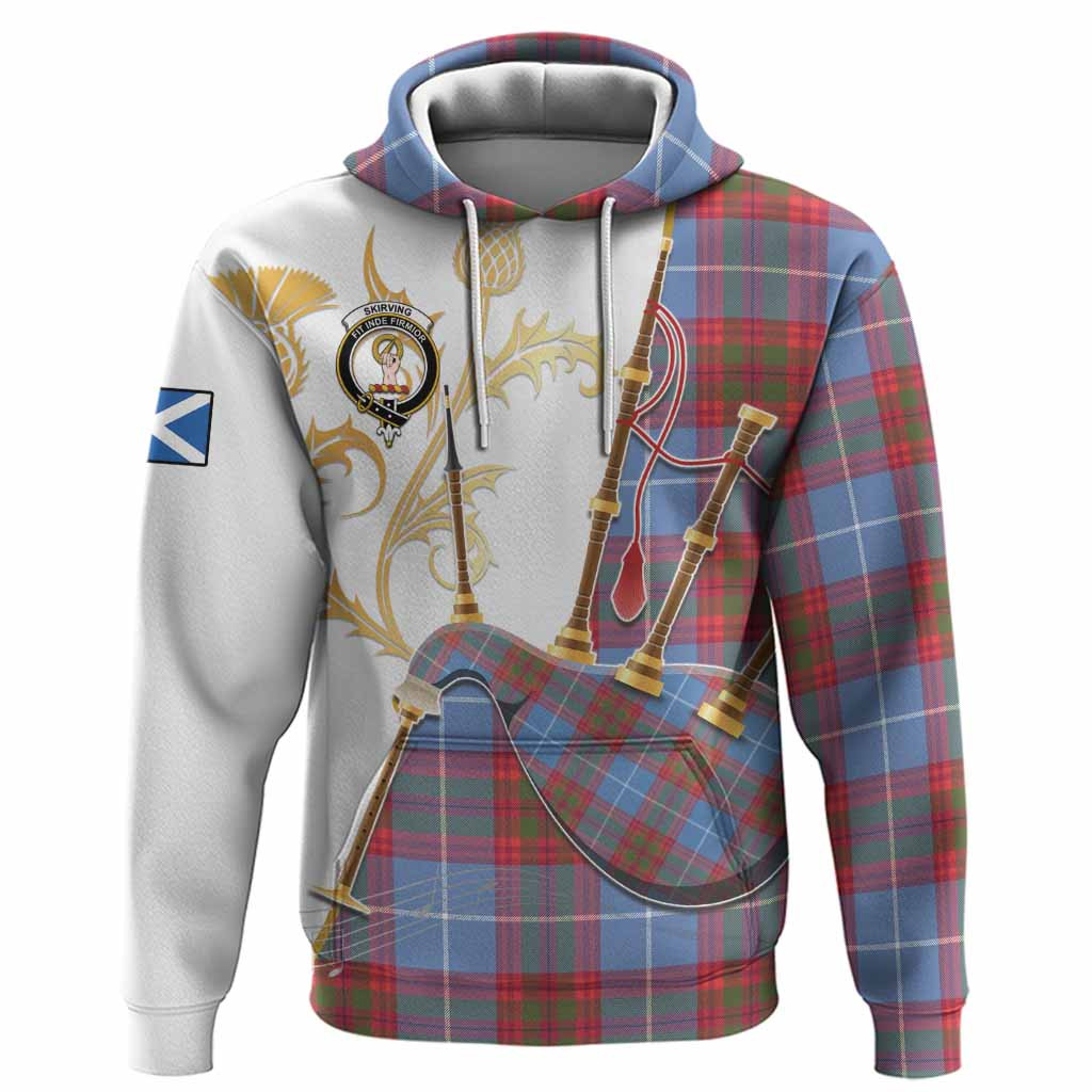 Skirving Tartan Family Crest Hoodie Bagpipes with Scottish Thistle