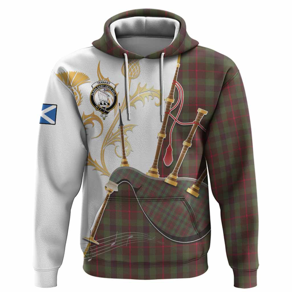 Tennant Tartan Family Crest Hoodie Bagpipes with Scottish Thistle