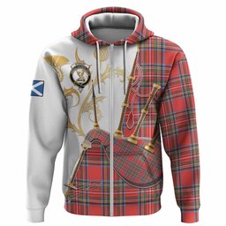 Stewart (Stuart) Tartan Family Crest Hoodie Bagpipes with Scottish Thistle
