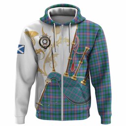 Pitcairn Tartan Family Crest Hoodie Bagpipes with Scottish Thistle