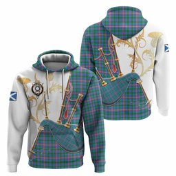 Pitcairn Tartan Family Crest Hoodie Bagpipes with Scottish Thistle