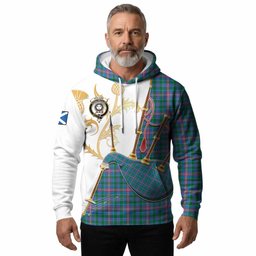 Pitcairn Tartan Family Crest Hoodie Bagpipes with Scottish Thistle