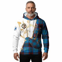 Wedderburn Tartan Family Crest Hoodie Bagpipes with Scottish Thistle