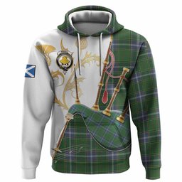 Pringle Tartan Family Crest Hoodie Bagpipes with Scottish Thistle
