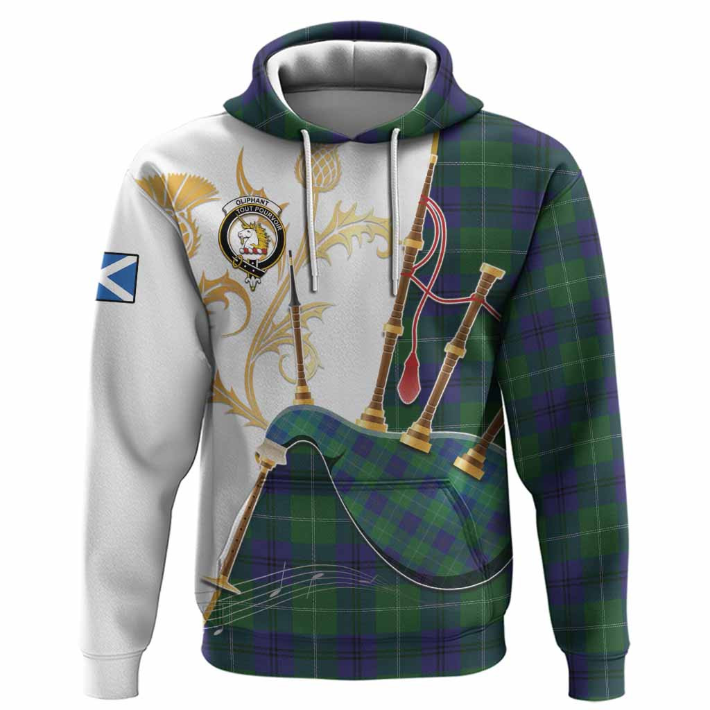 Oliphant Tartan Family Crest Hoodie Bagpipes with Scottish Thistle
