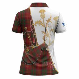 Burns Tartan Family Crest Women Polo Shirt Bagpipes with Scottish Thistle