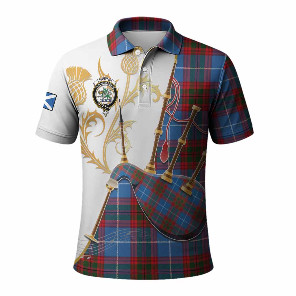 Crichton (Crighton) Tartan Family Crest Polo Shirt Bagpipes with Scottish Thistle