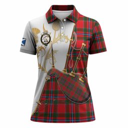 Butter Tartan Family Crest Women Polo Shirt Bagpipes with Scottish Thistle