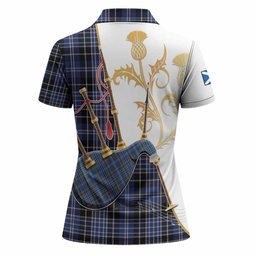 Clark (Clarke) Tartan Family Crest Women Polo Shirt Bagpipes with Scottish Thistle