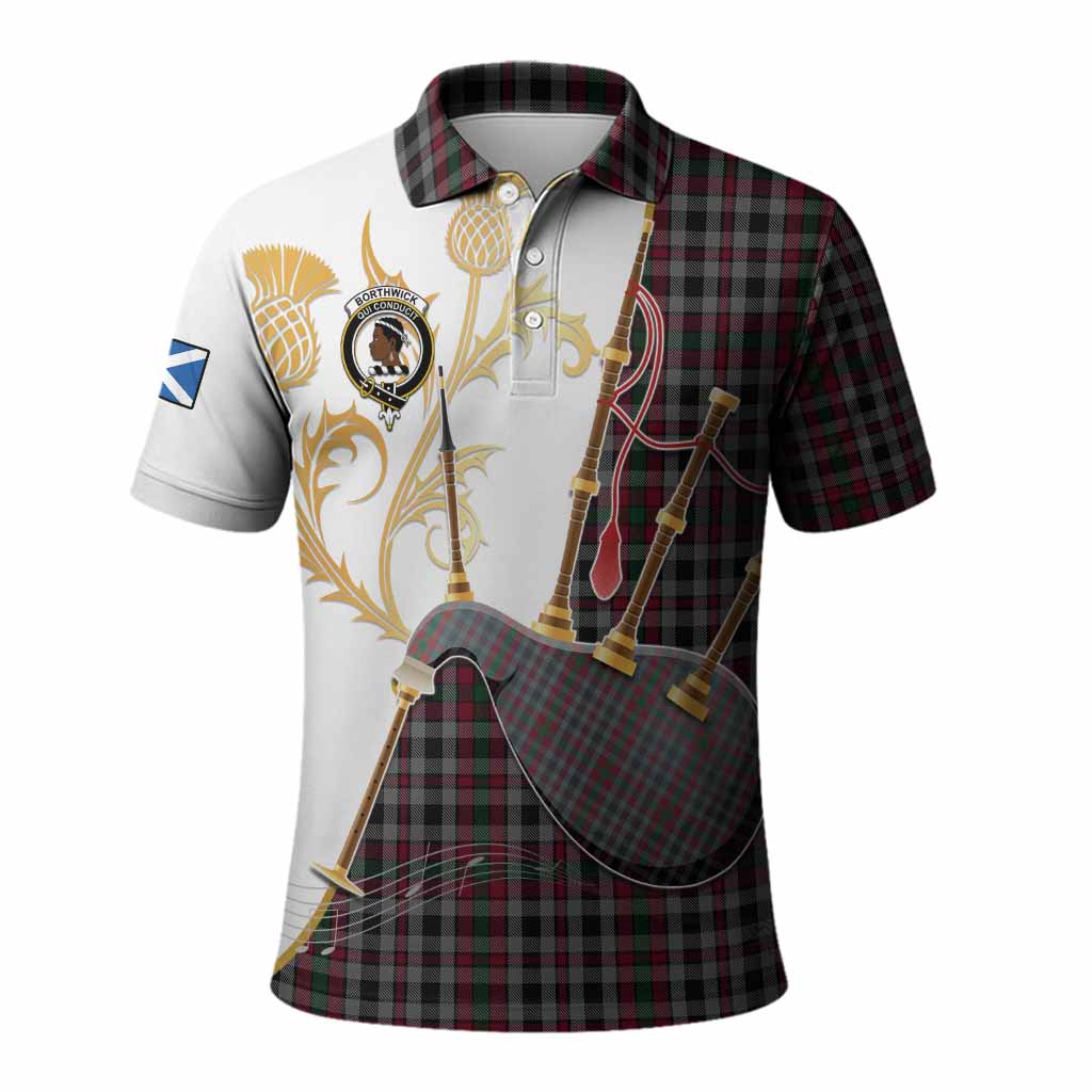 Borthwick Tartan Family Crest Polo Shirt Bagpipes with Scottish Thistle