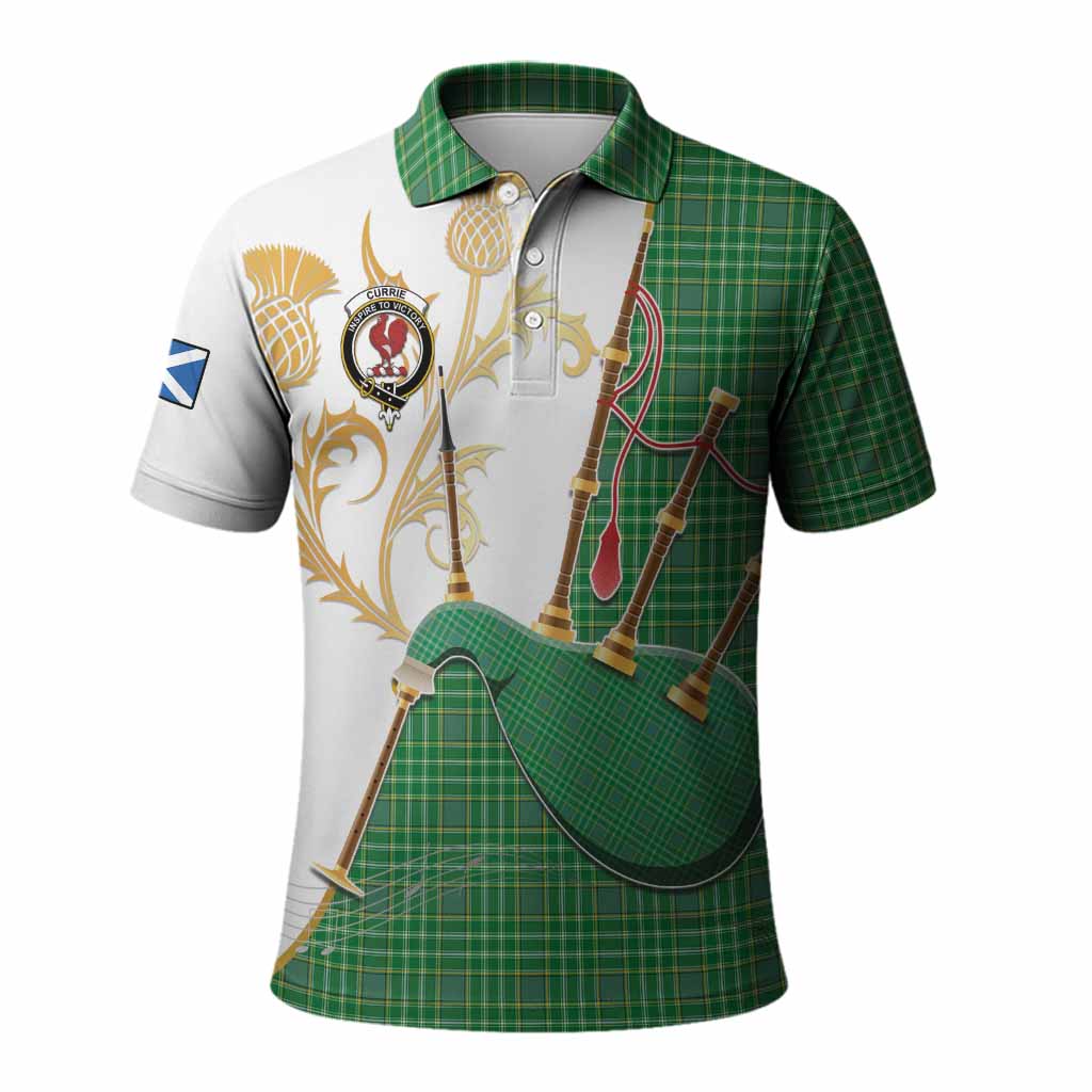 Currie Tartan Family Crest Polo Shirt Bagpipes with Scottish Thistle