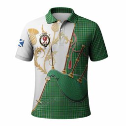Currie Tartan Family Crest Polo Shirt Bagpipes with Scottish Thistle