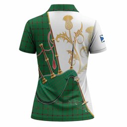 Don Tartan Family Crest Women Polo Shirt Bagpipes with Scottish Thistle