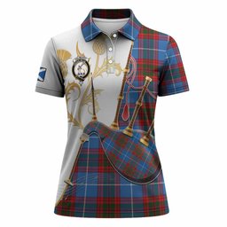 Dalmahoy Tartan Family Crest Women Polo Shirt Bagpipes with Scottish Thistle