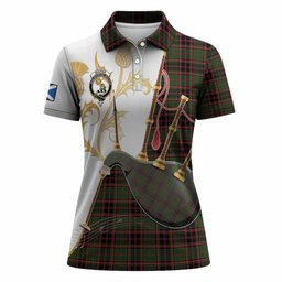 Buchan Tartan Family Crest Women Polo Shirt Bagpipes with Scottish Thistle