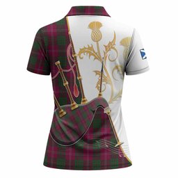 Crawford Tartan Family Crest Women Polo Shirt Bagpipes with Scottish Thistle