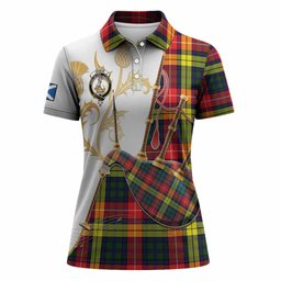Dewar Tartan Family Crest Women Polo Shirt Bagpipes with Scottish Thistle