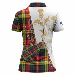 Dewar Tartan Family Crest Women Polo Shirt Bagpipes with Scottish Thistle