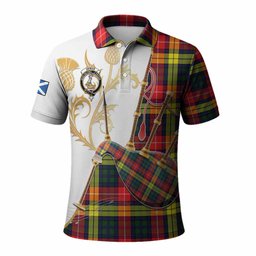 Dewar Tartan Family Crest Polo Shirt Bagpipes with Scottish Thistle