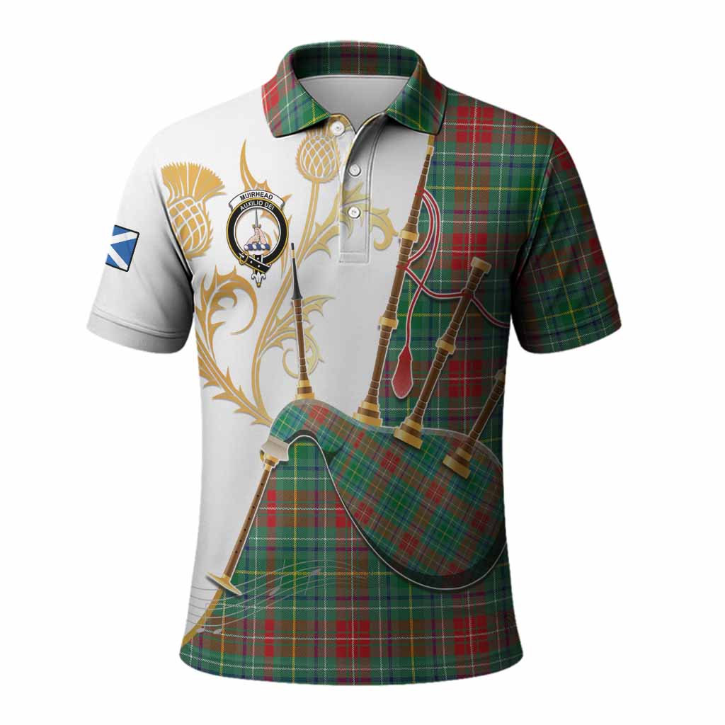 Muirhead Tartan Family Crest Polo Shirt Bagpipes with Scottish Thistle
