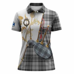 Glendinning Tartan Family Crest Women Polo Shirt Bagpipes with Scottish Thistle