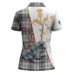 Glendinning Tartan Family Crest Women Polo Shirt Bagpipes with Scottish Thistle