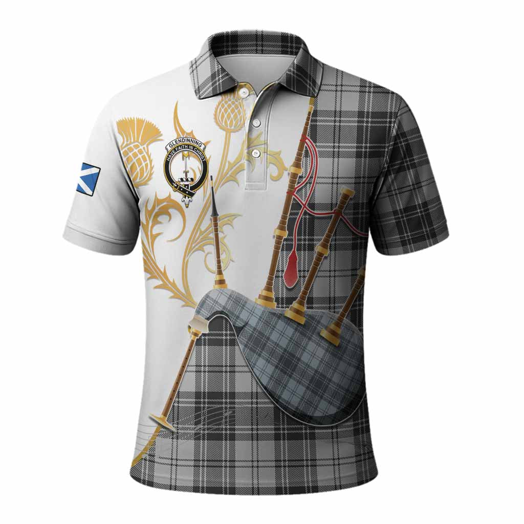 Glendinning Tartan Family Crest Polo Shirt Bagpipes with Scottish Thistle