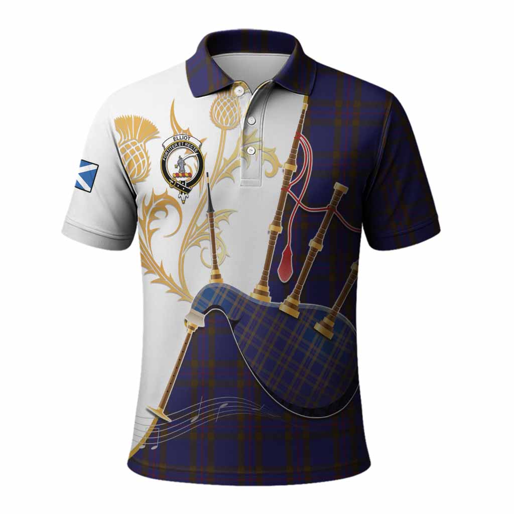 Elliot Tartan Family Crest Polo Shirt Bagpipes with Scottish Thistle