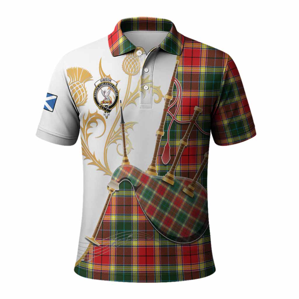 Gibson (Gibbs or Gibsone) Tartan Family Crest Polo Shirt Bagpipes with Scottish Thistle