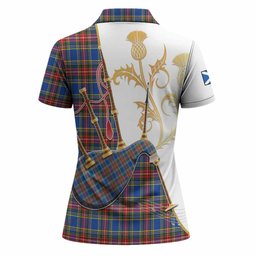 MacBeth (McBeth) Tartan Family Crest Women Polo Shirt Bagpipes with Scottish Thistle