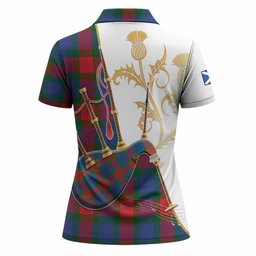 Mar Tartan Family Crest Women Polo Shirt Bagpipes with Scottish Thistle