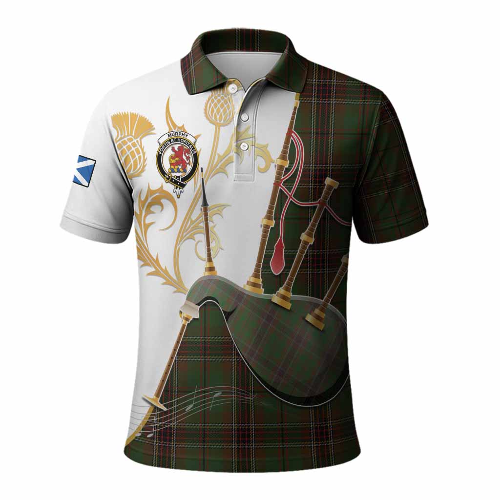 Murphy Tartan Family Crest Polo Shirt Bagpipes with Scottish Thistle