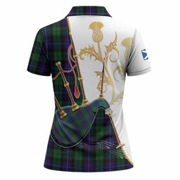 Mitchell Tartan Family Crest Women Polo Shirt Bagpipes with Scottish Thistle