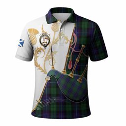 Mitchell Tartan Family Crest Polo Shirt Bagpipes with Scottish Thistle