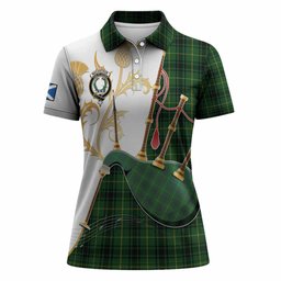 MacArthur (McArthur) Tartan Family Crest Women Polo Shirt Bagpipes with Scottish Thistle