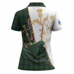Kennedy Tartan Family Crest Women Polo Shirt Bagpipes with Scottish Thistle
