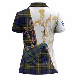 Muir Tartan Family Crest Women Polo Shirt Bagpipes with Scottish Thistle