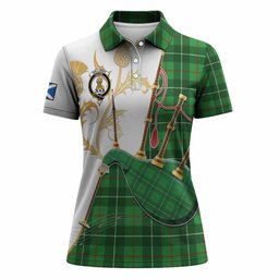 Galloway Tartan Family Crest Women Polo Shirt Bagpipes with Scottish Thistle