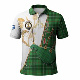 Galloway Tartan Family Crest Polo Shirt Bagpipes with Scottish Thistle