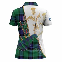 Haldane Tartan Family Crest Women Polo Shirt Bagpipes with Scottish Thistle