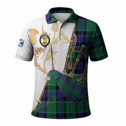Haldane Tartan Family Crest Polo Shirt Bagpipes with Scottish Thistle