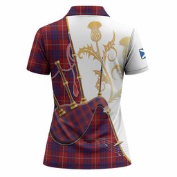 Hamilton Tartan Family Crest Women Polo Shirt Bagpipes with Scottish Thistle