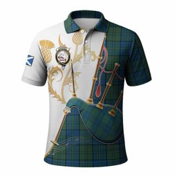 Lockhart Tartan Family Crest Polo Shirt Bagpipes with Scottish Thistle