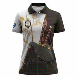 Hall Tartan Family Crest Women Polo Shirt Bagpipes with Scottish Thistle