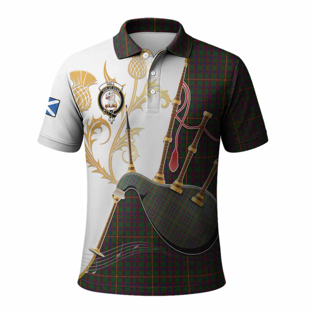 Hall Tartan Family Crest Polo Shirt Bagpipes with Scottish Thistle