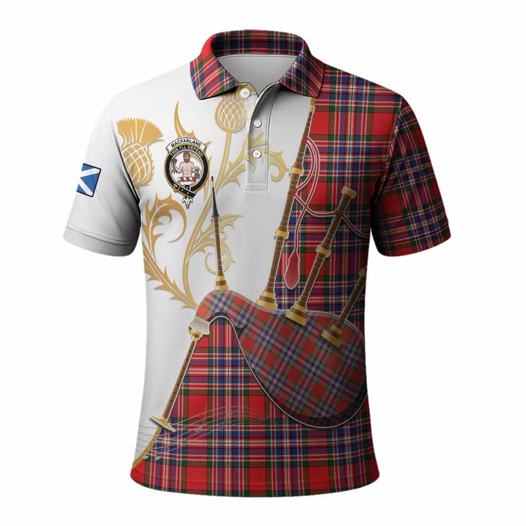 MacFarlane (McFarlane) Tartan Family Crest Polo Shirt Bagpipes with Scottish Thistle