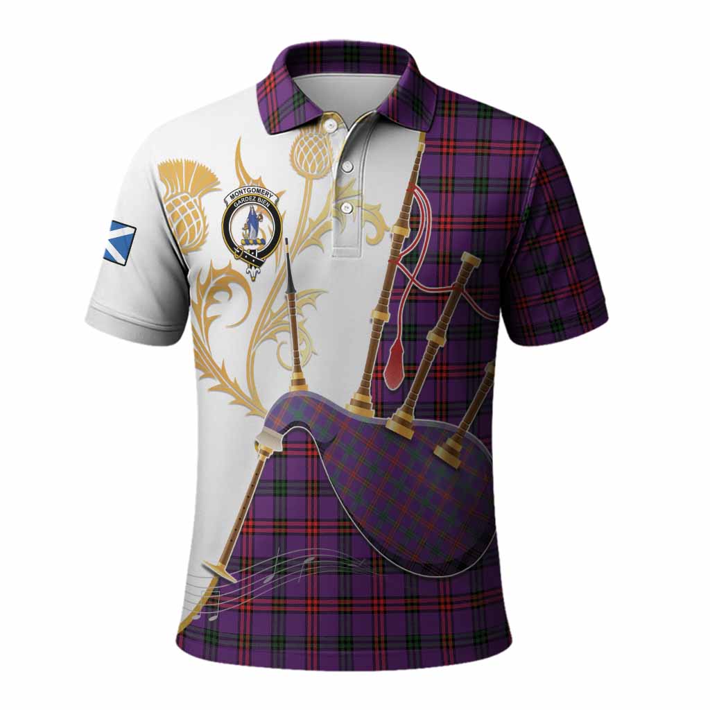Montgomery Tartan Family Crest Polo Shirt Bagpipes with Scottish Thistle