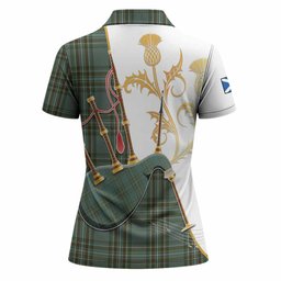 Kelly Tartan Family Crest Women Polo Shirt Bagpipes with Scottish Thistle